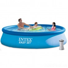 Семейный надувной наливной бассейн с фильтр насосом (396*84) Easy Set Intex 28142 с ручным насосом на 7290 л круглый