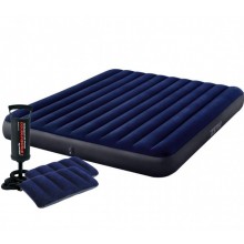 Надувной двухместный матрас кровать Intex Classic Downy Airbed Dura-Beam 64755-2 (183х203x25) с ручным насосом и 2 подушками синий Fiber Tech