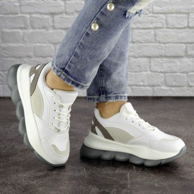 Женские кроссовки Shoes Bubbles 36 (22,5 см) 1642 белые с серым экокожа на толстой подошве стильные